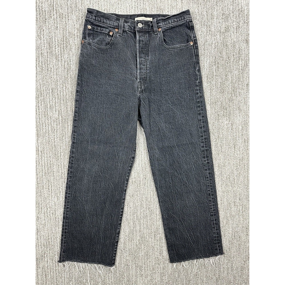 LEVI'S Premium Black Ribcage Straight Ankle Jeans Button Fly High Waist‎ 30x25